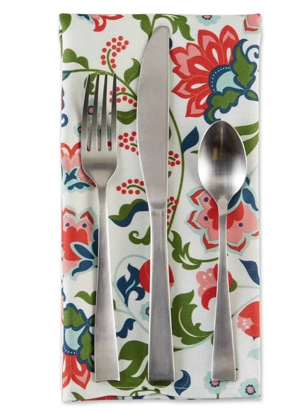 Floral Cotton Napkins - White with Red, Green & Blue Pattern